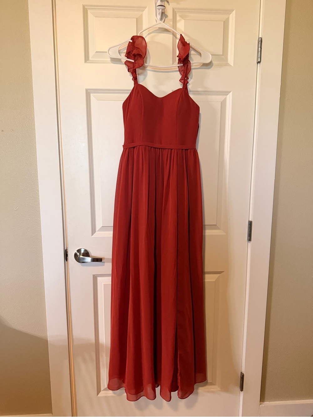 Azazie Terracotta Ruffled Strap Dress